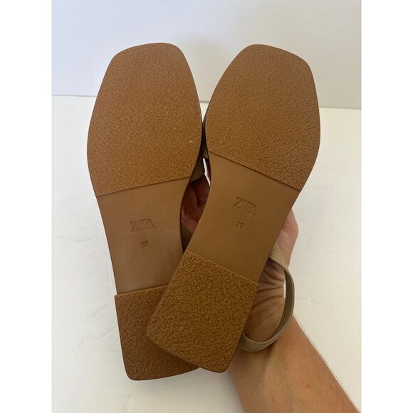Zara Flat Leather Sandals With Heel Strap Sandy Brown Size 39/8.5 - Picture 6 of 8
